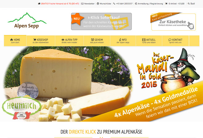 Screenshot vom Alpen Sepp Käse Onlineshop